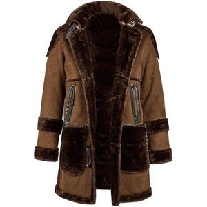Men's Shearling Leather Coat Faux Suede Sherpa Lined Sheepskin Jacket with Hood